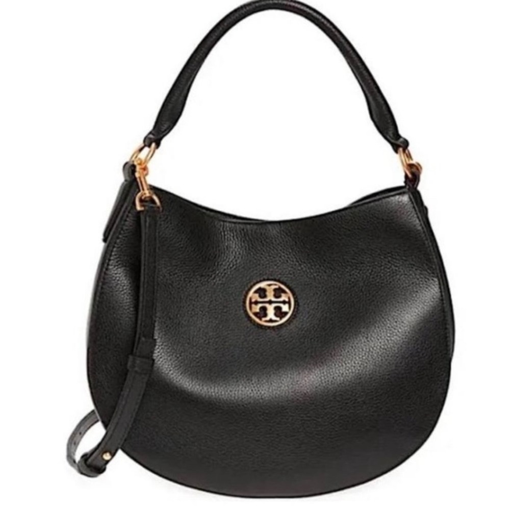 Tory Burch Miller Hobo Bag Black Pebbled Leather Crossbody Gold Logo Handbag